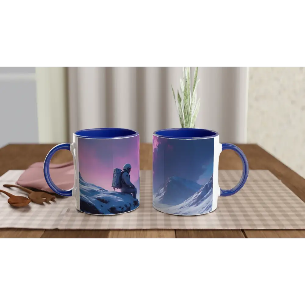 Two blue-handled Astronaut Mugs from PixiOnyx Explorer Series with cosmic design