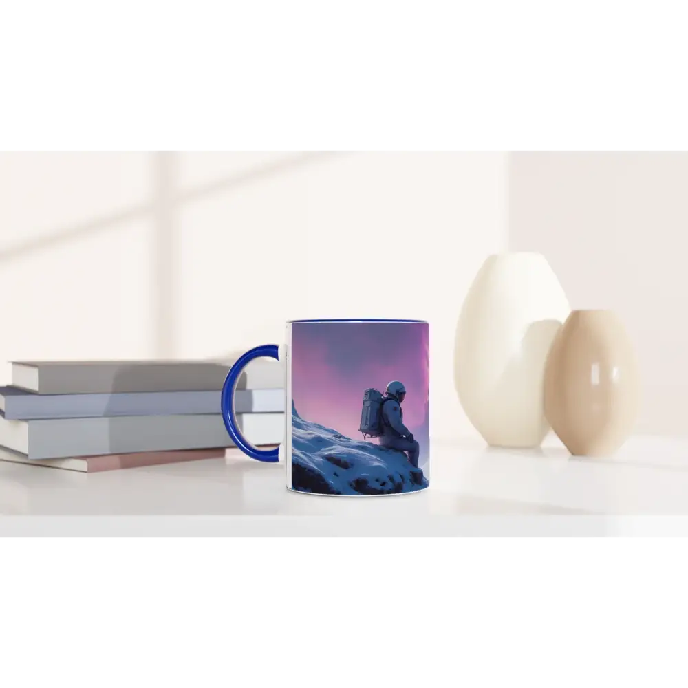 Blue-rimmed astronaut design mug from PixiOnyx Explorer Series in 11oz size