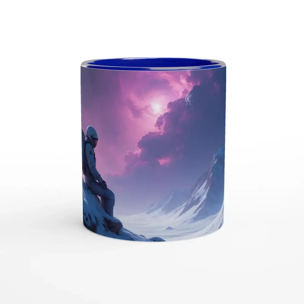 Blue-rimmed astronaut mountain scene mug from PixiOnyx Explorer Series 11oz