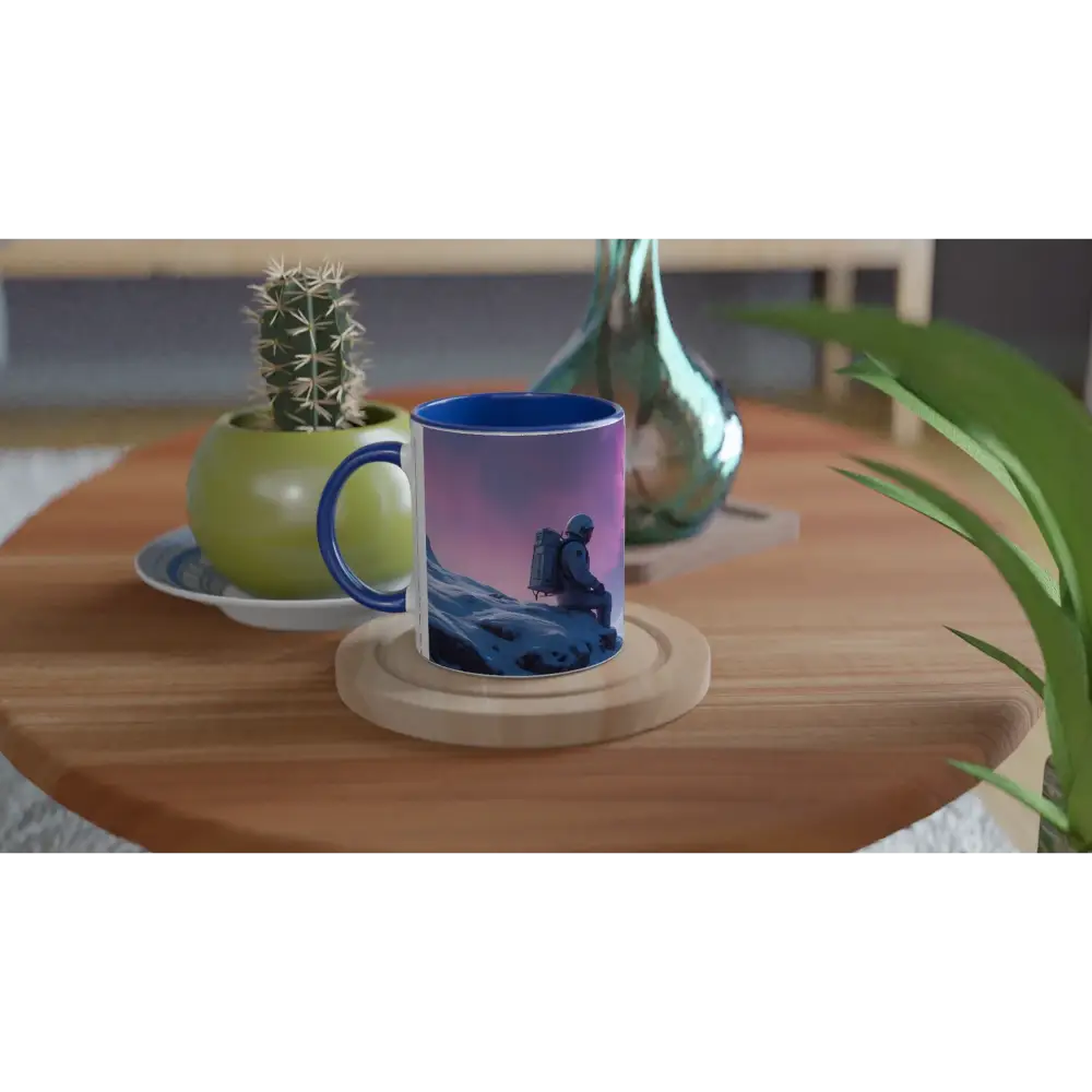 Blue-rimmed Astronaut Mug with mountain climber design from PixiOnyx Explorer Series