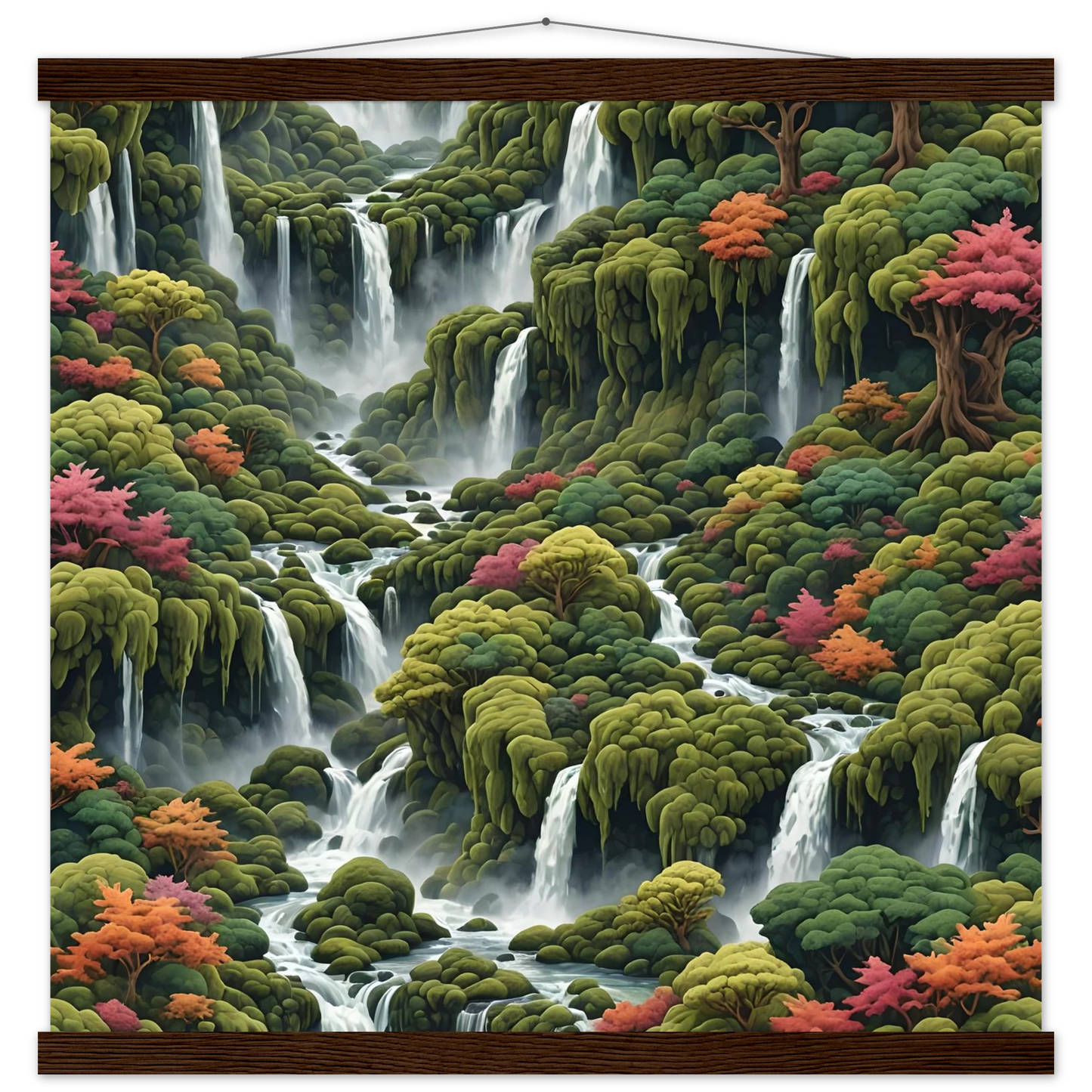 Waterfall-laden forest tapestry poster displayed in Moss Cascade – Poster with Hanger by PixiOnyx