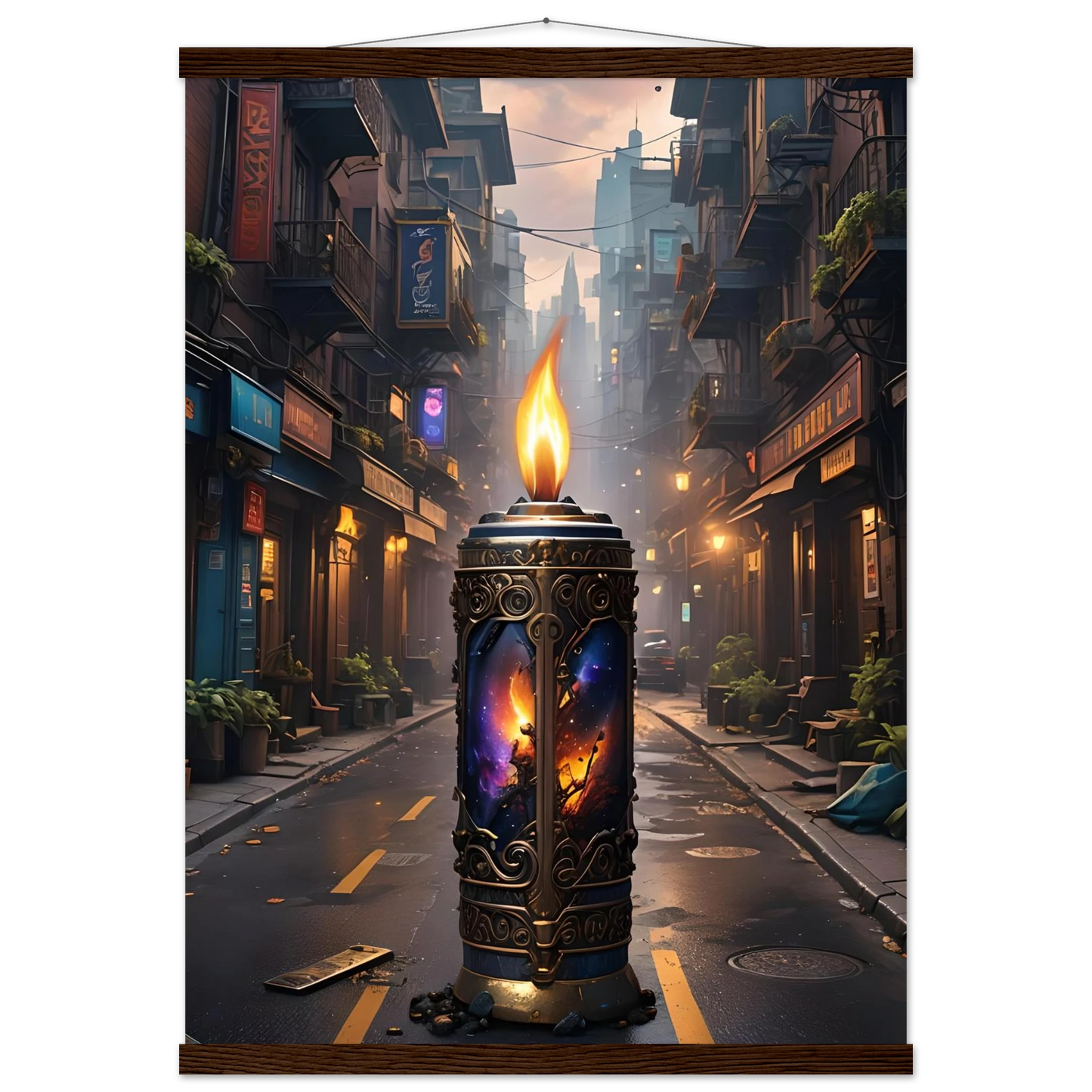 Ornate candle with cityscape reflection on Galactic Flame hanging matte poster PixiOnyx Exclusive