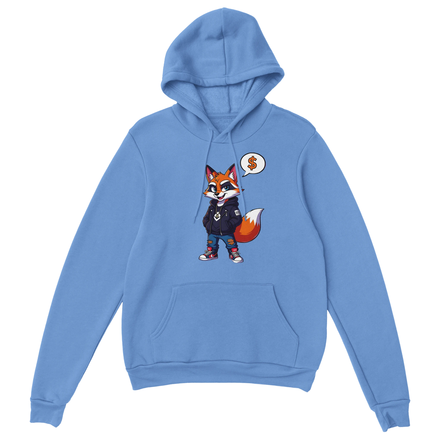 Light blue hoodie featuring a cartoon fox design from the Unisex Hoodie Street Hustle Fox collection