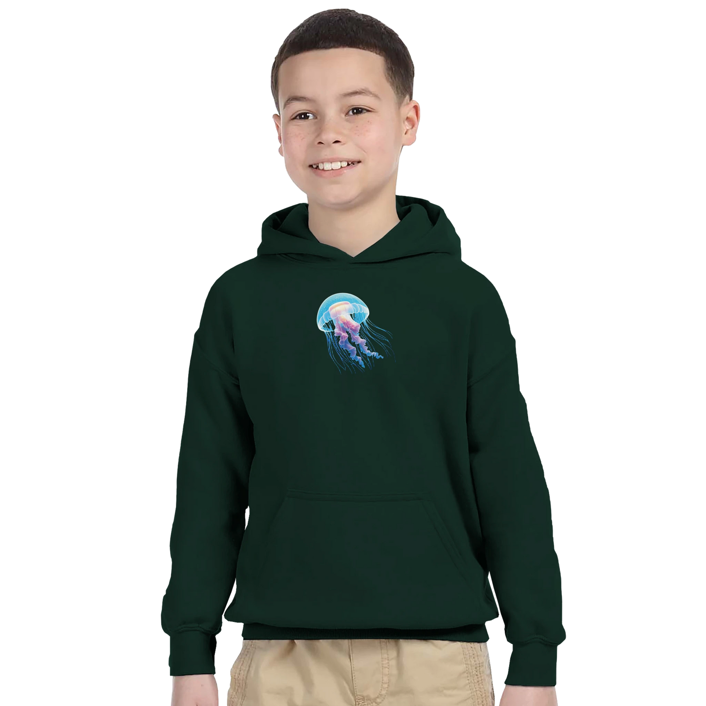 Child’s green hoodie featuring a jellyfish design from PixiOnyx Ocean Reverie collection
