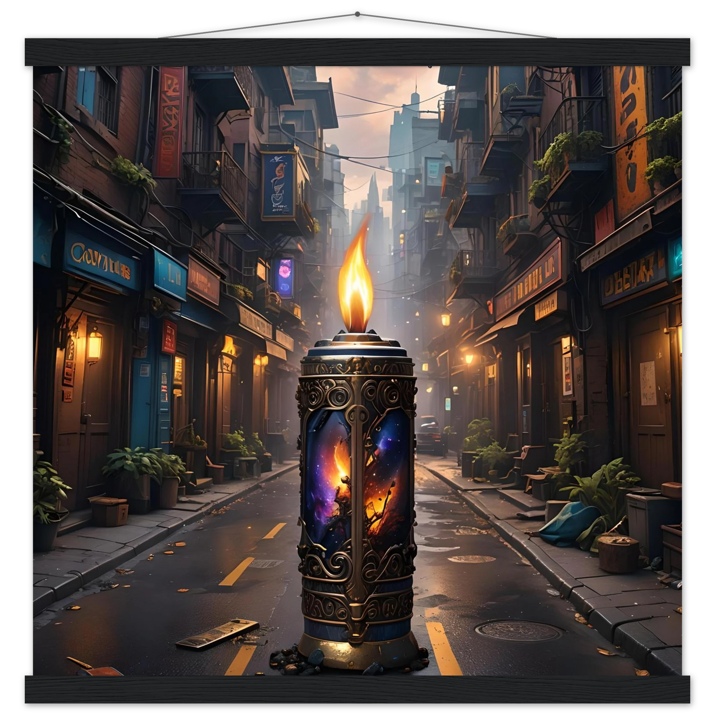Ornate cosmic imagery candle displayed with Galactic Flame Hanging Matte Poster by PixiOnyx