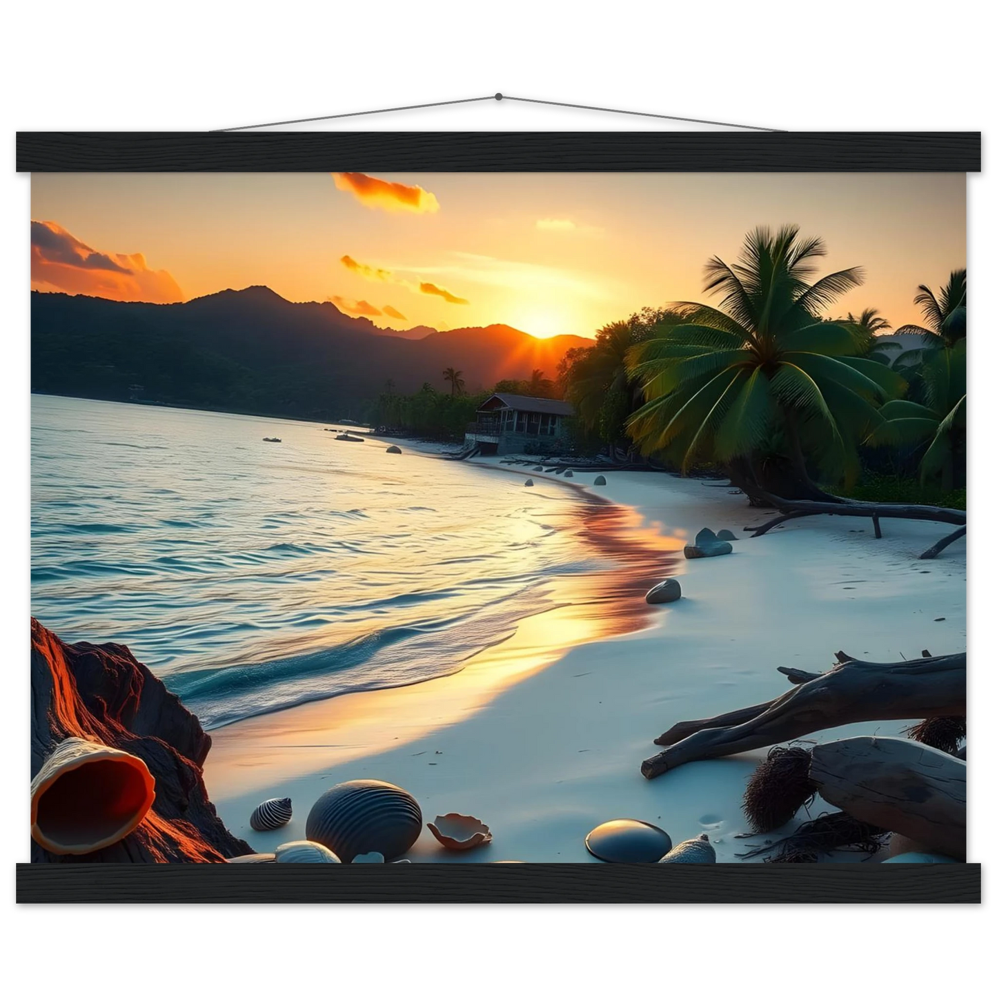 Framed tropical beach sunset scene poster with hanger for wall decor