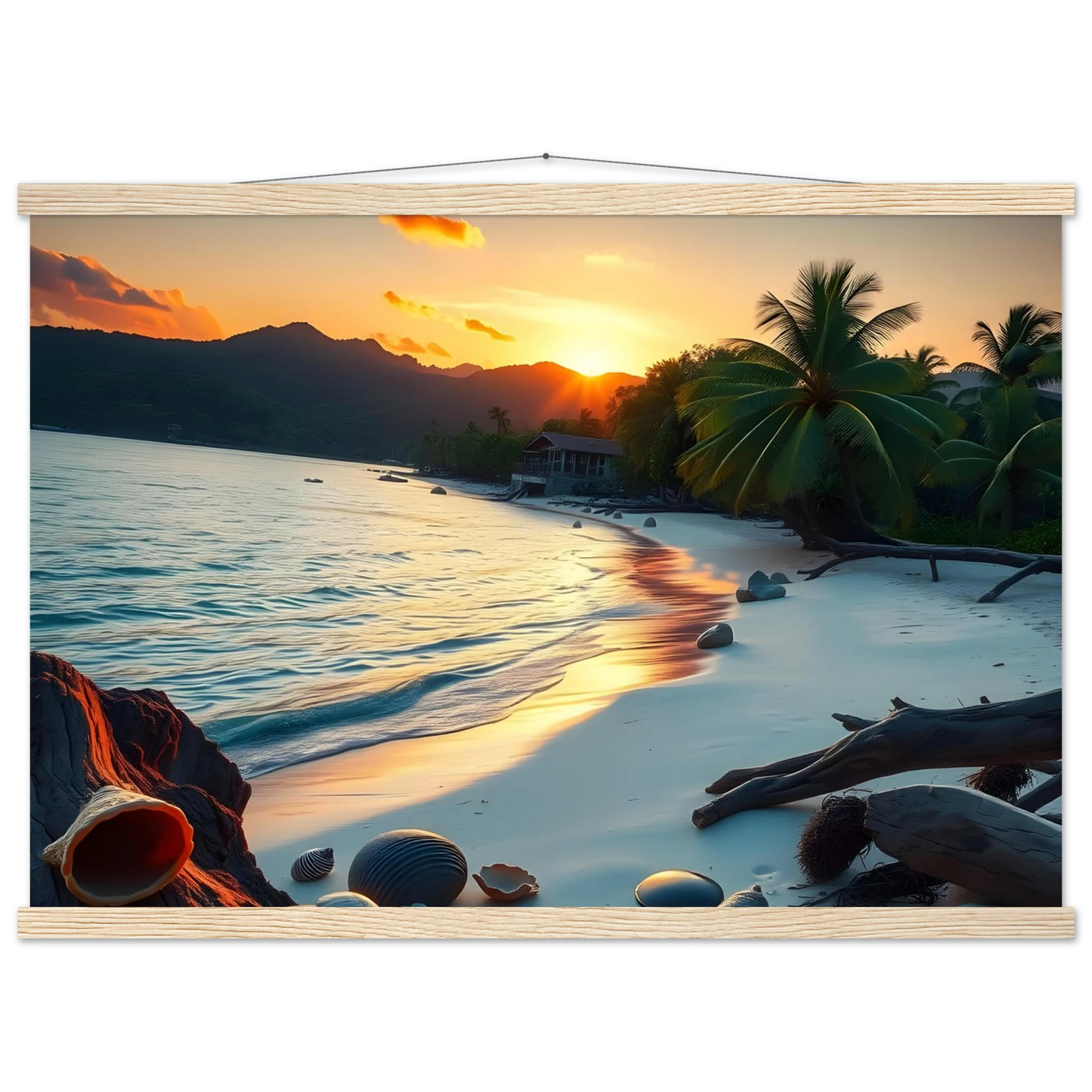 Tropical beach sunset wall art print ideal for PixiOnyx matte wall decor