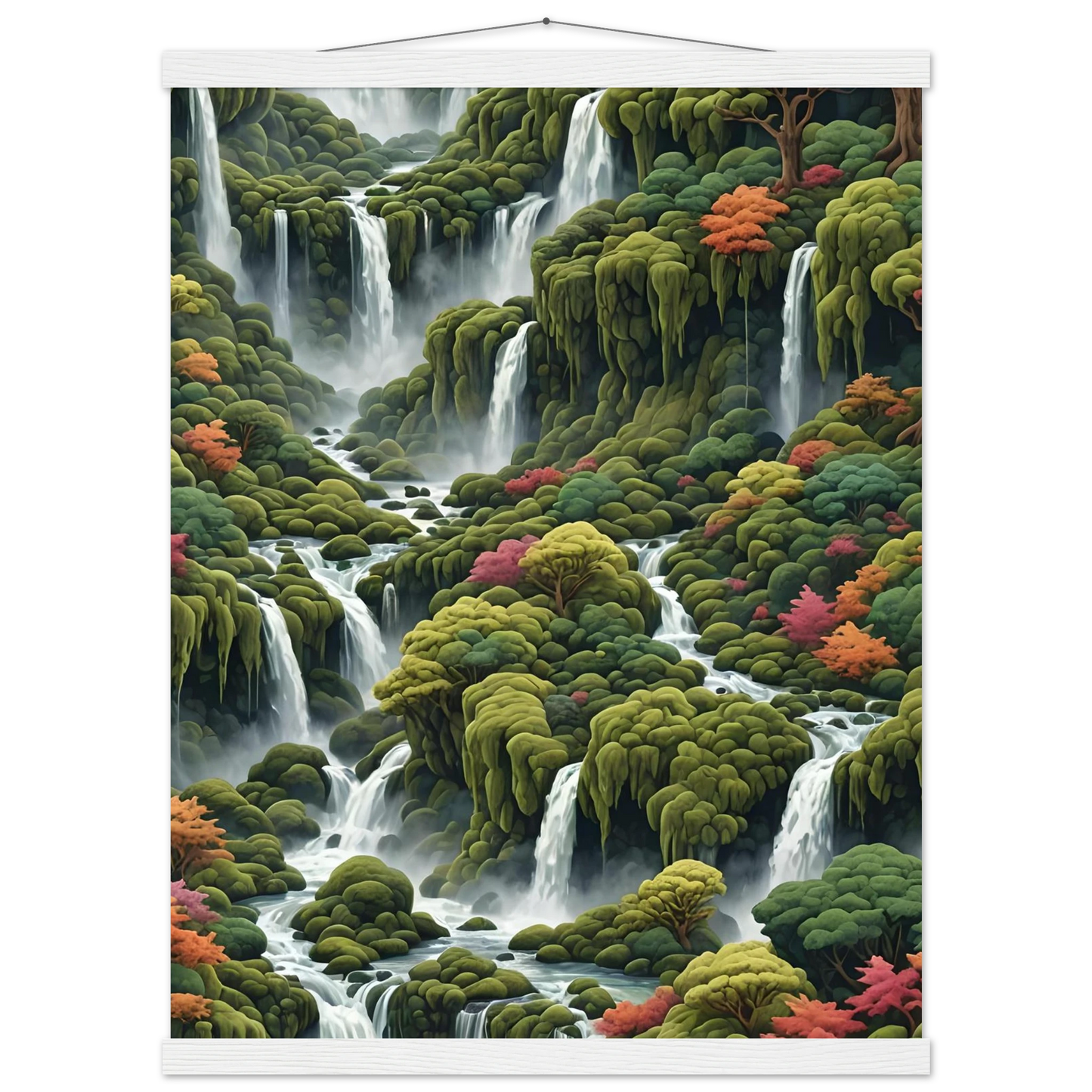Waterfall landscape art print titled Moss Cascade in PixiOnyx Poster with Hanger