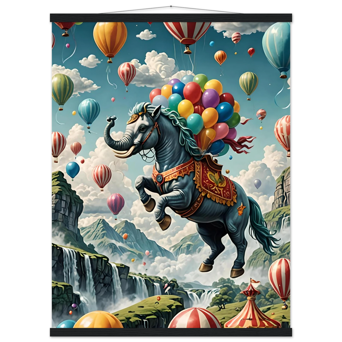 Fantasy elephant-horse hybrid with colorful balloons on Skybound Majesty poster