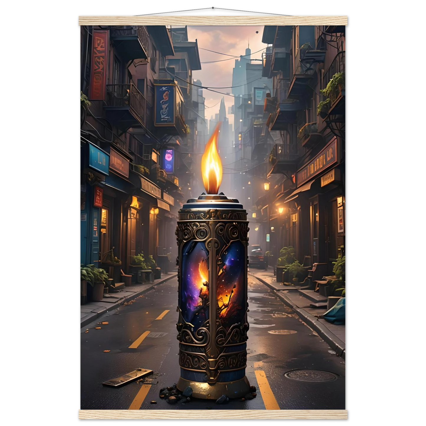 Ornate candle street lamp displayed on Galactic Flame Hanging Matte Poster PixiOnyx Exclusive