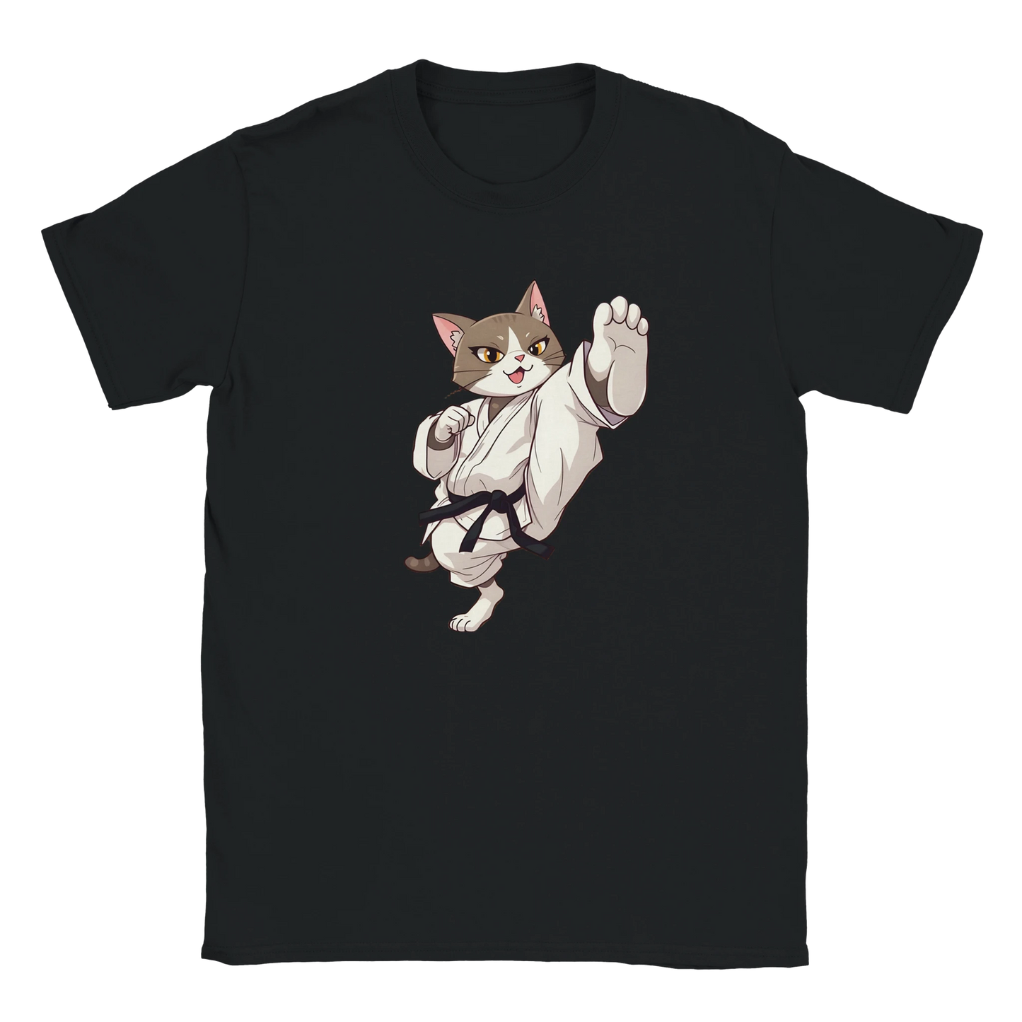 Black T-shirt with Karate Cat graphic from PixiOnyx Cherry Blossom Showdown collection