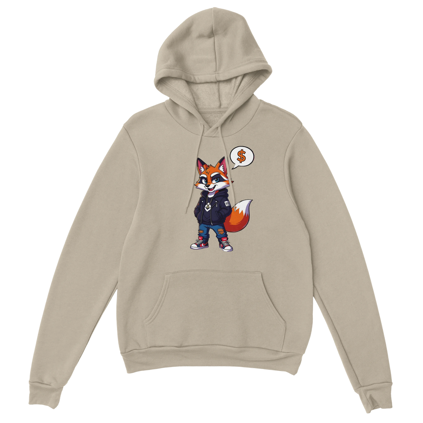 Beige hoodie featuring a cartoon fox design from PixiOnyx Urban Comfort Street Hustle Fox collection
