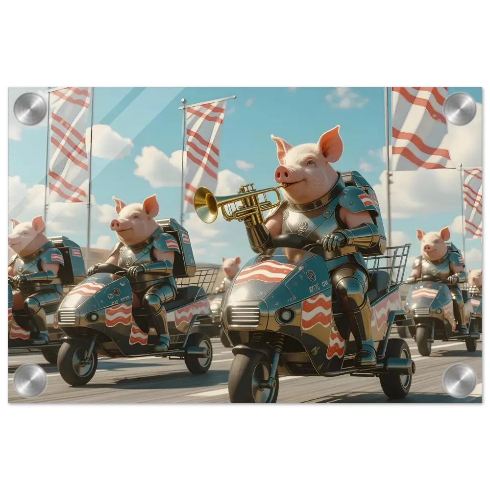 Patriotic pig parade on tricycles displayed on Bacon Battalion Acrylic Print