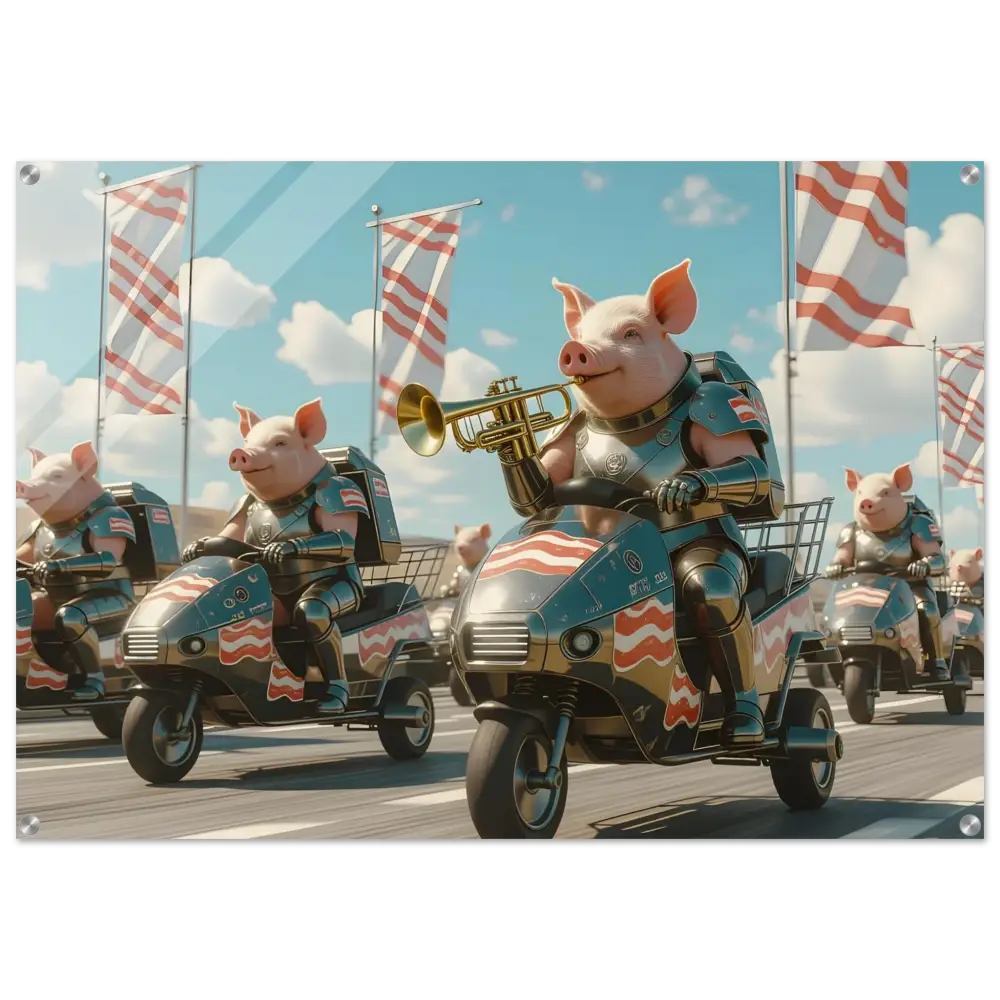 Patriotic pig parade on scooters displayed on Bacon Battalion Acrylic Print by PixiOnyx