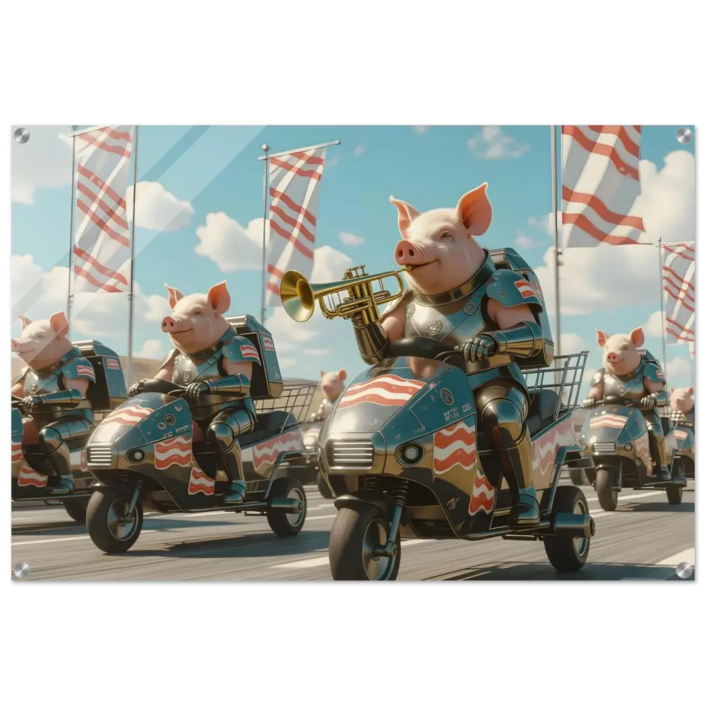 Patriotic pig parade on scooters displayed on Bacon Battalion Acrylic Print by PixiOnyx