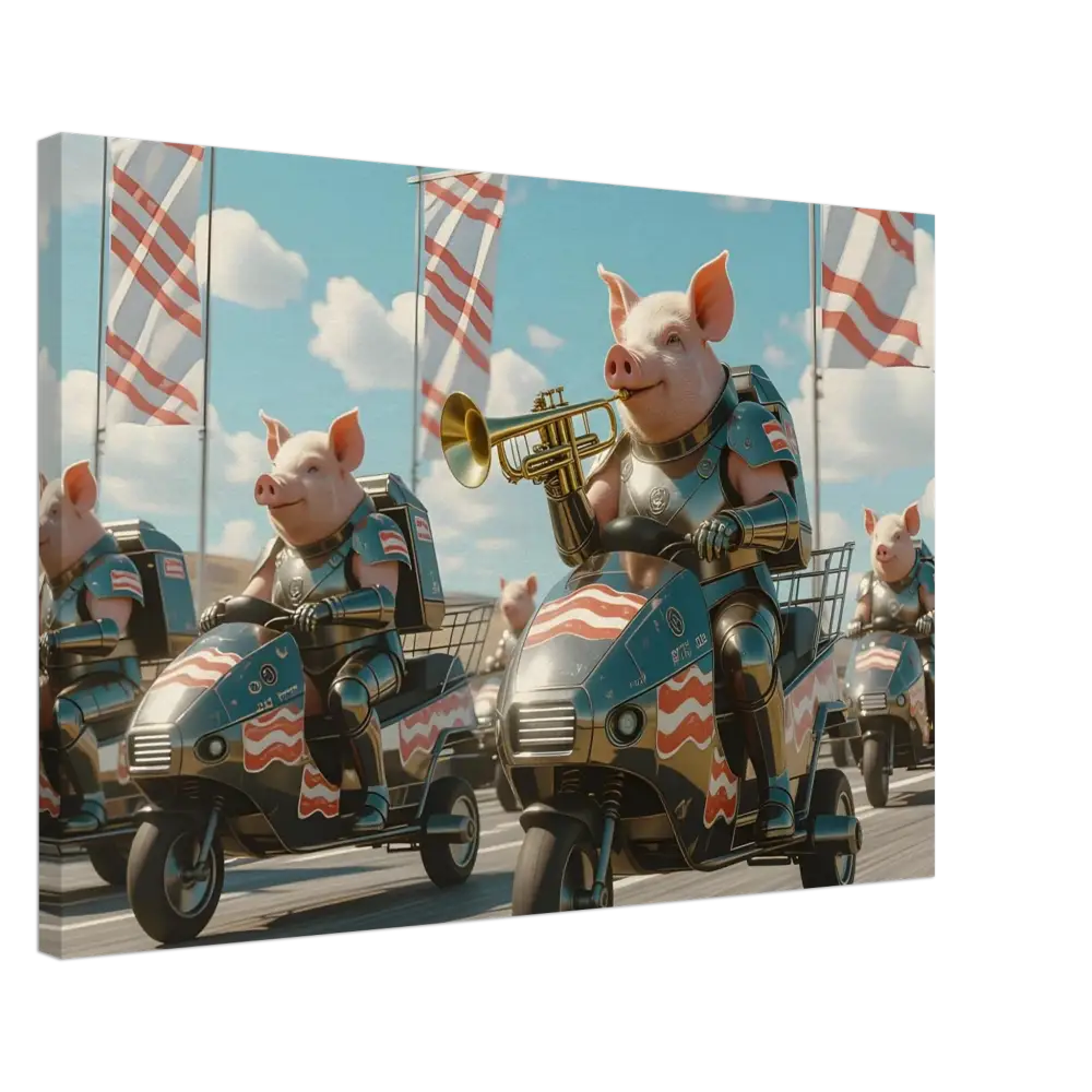 Pig parade on motorized scooters displayed in Bacon Battalion Canvas by PixiOnyx
