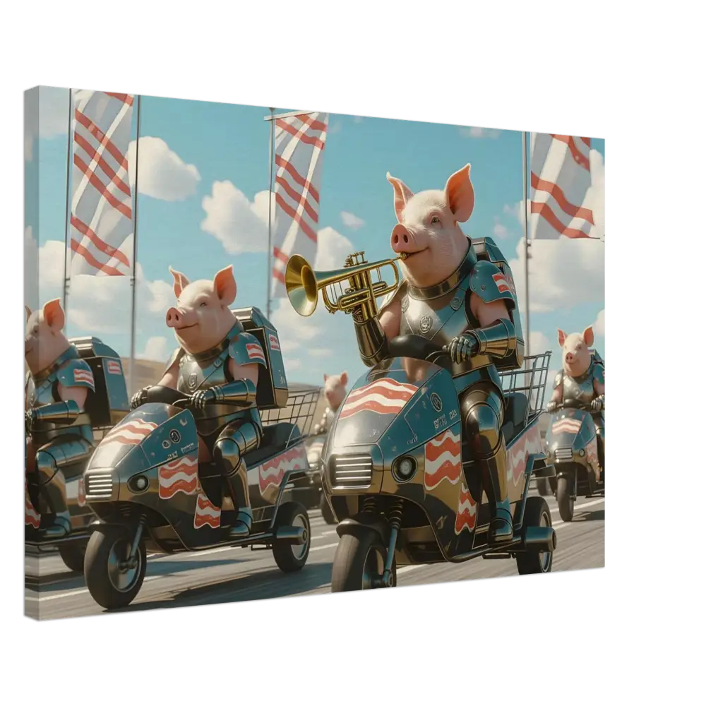 Patriotic pig parade illustration on Bacon Battalion Canvas by PixiOnyx featuring Pork in Formation