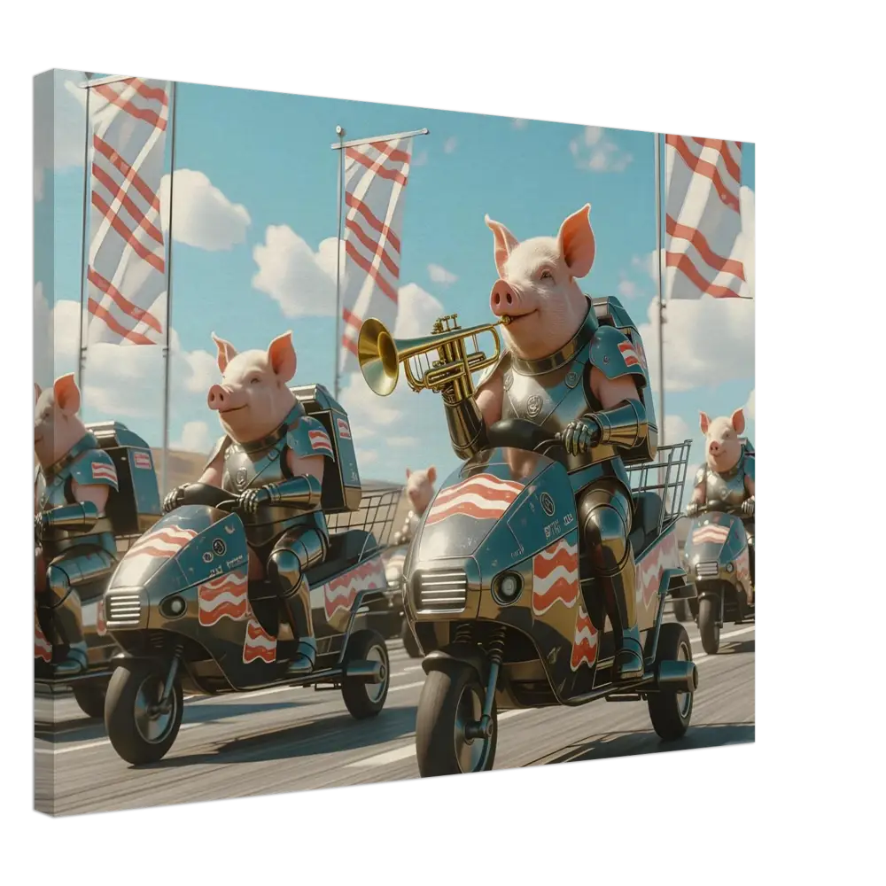 Patriotic pig parade illustration on Bacon Battalion Canvas featuring Pork in Formation artwork