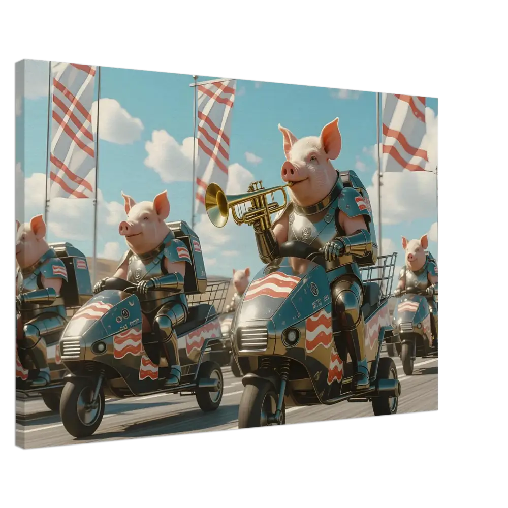 Canvas print of patriotic pigs in a parade, titled Bacon Battalion Canvas by PixiOnyx