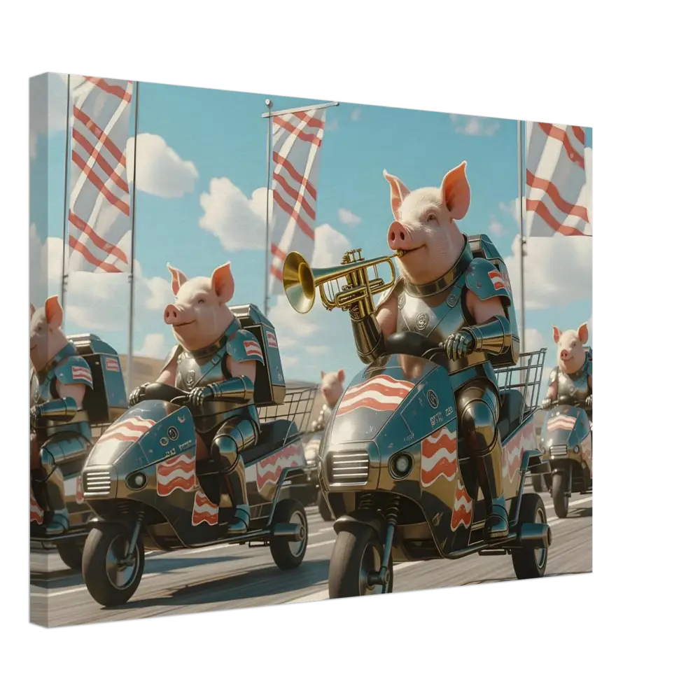 Pigs in armor riding patriotic tricycles on Bacon Battalion Canvas by PixiOnyx