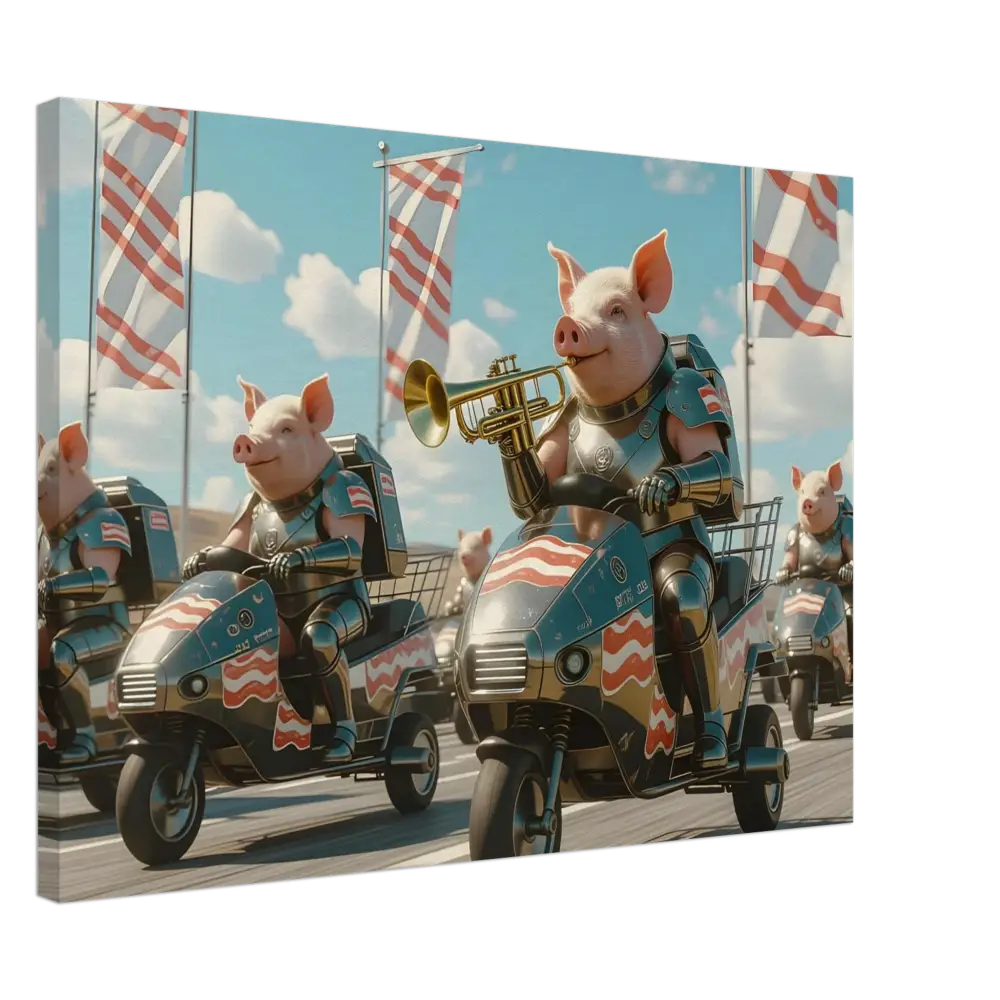 Patriotic pig parade on motorized scooters artwork for Bacon Battalion Canvas
