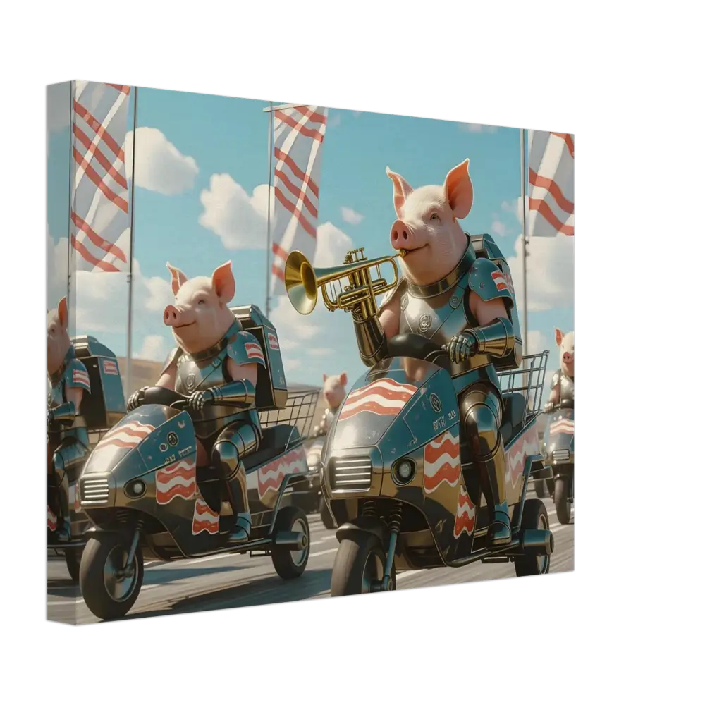 Pig parade on scooters featuring tactical pigs for Bacon Battalion Canvas artwork