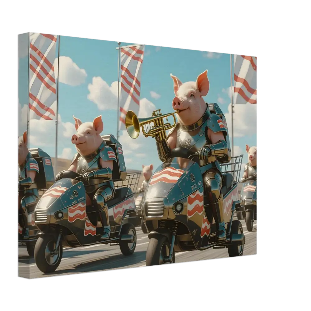 Patriotic pig parade artwork on Bacon Battalion Canvas showcasing Pork in Formation by PixiOnyx