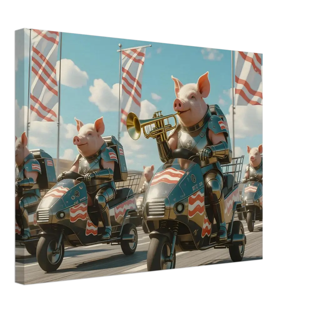 Patriotic pig parade artwork on Bacon Battalion Canvas by PixiOnyx featuring tactical pigs