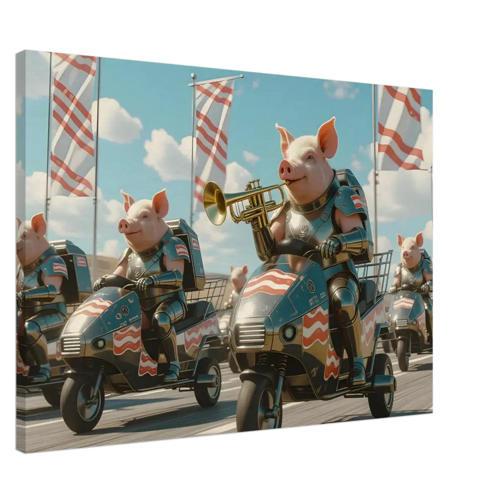 Patriotic pig parade on scooters featured on Bacon Battalion Canvas by PixiOnyx