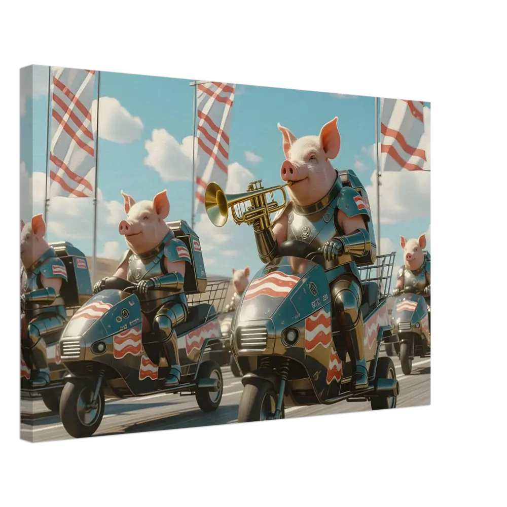 Patriotic pig parade on scooters featured in Bacon Battalion Canvas artwork