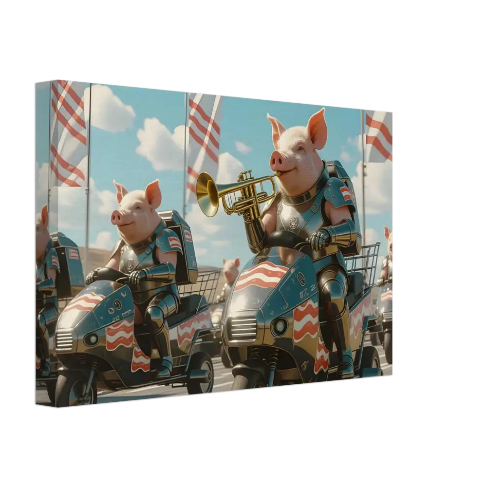 Patriotic Pig Parade artwork on Bacon Battalion Canvas showcasing tactical pigs in formation