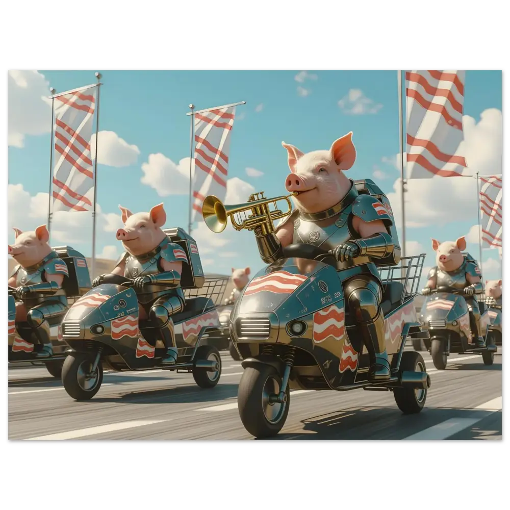 Patriotic pig parade displayed on Bacon Battalion Poster by PixiOnyx Absurdist Wall Art