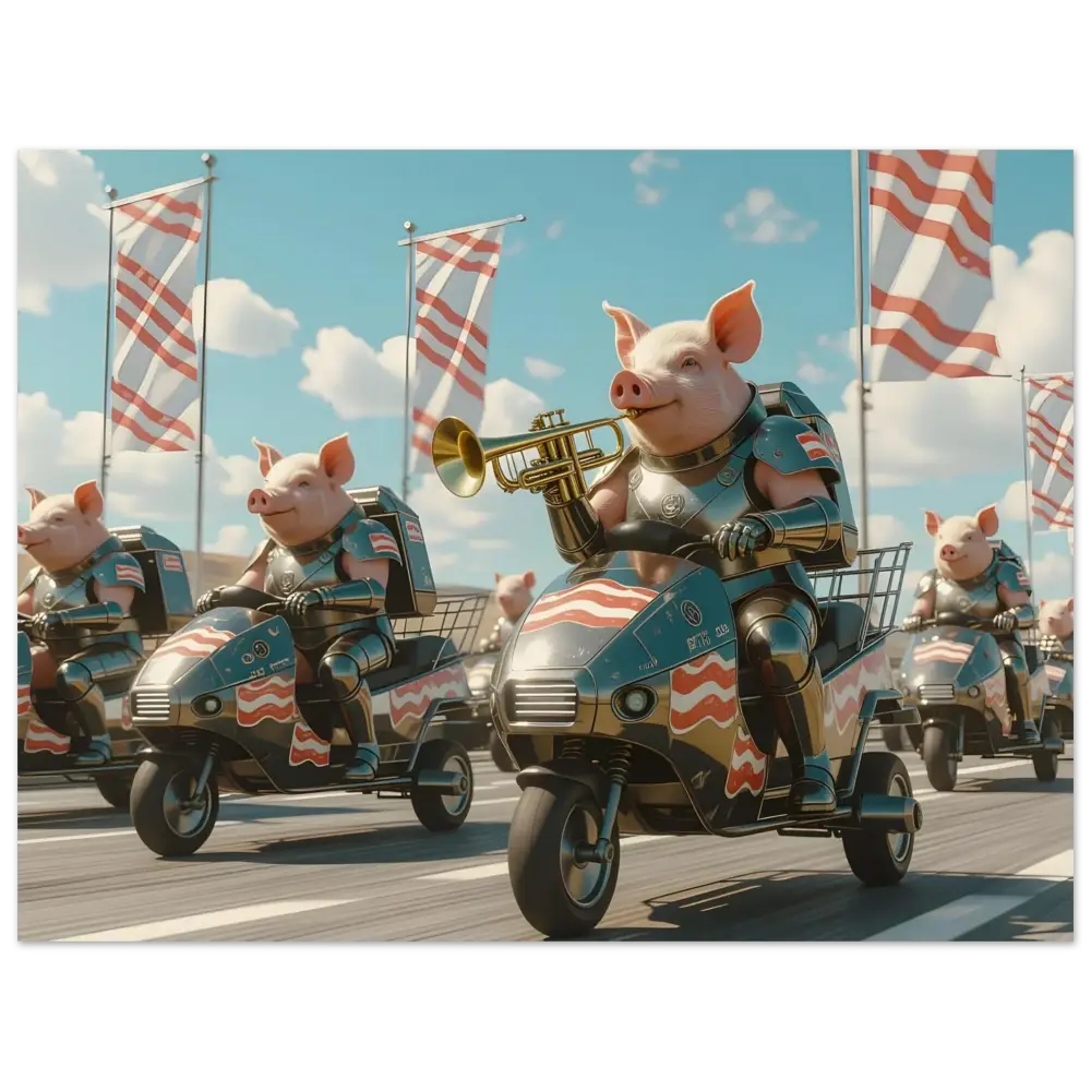 Patriotic pig parade featuring colorful pigs in military gear on the Bacon Battalion Poster
