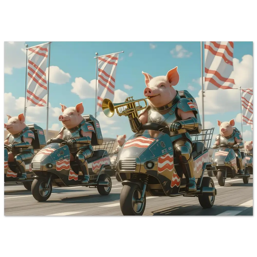 Patriotic pigs riding tricycles in a tactical pig parade on the Bacon Battalion Poster