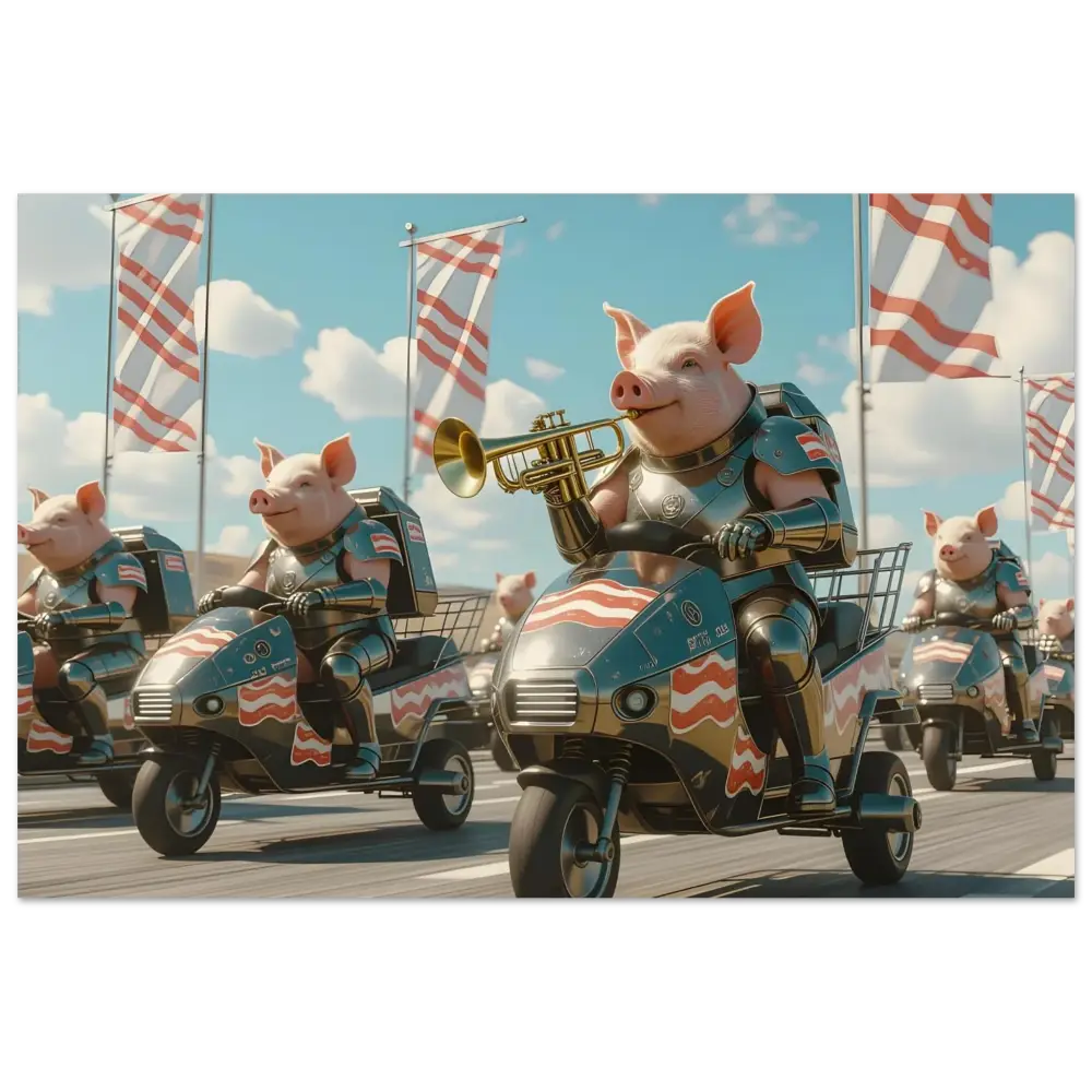 Patriotic pig parade depicted in Bacon Battalion Poster Tactical Pig Parade PixiOnyx Wall Art