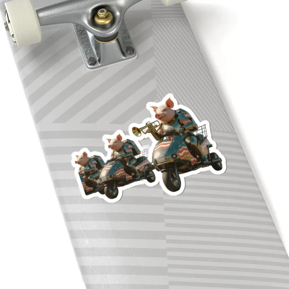 Skateboard sticker featuring pigs on scooters from Bacon Battalion Tactical Pig Decal