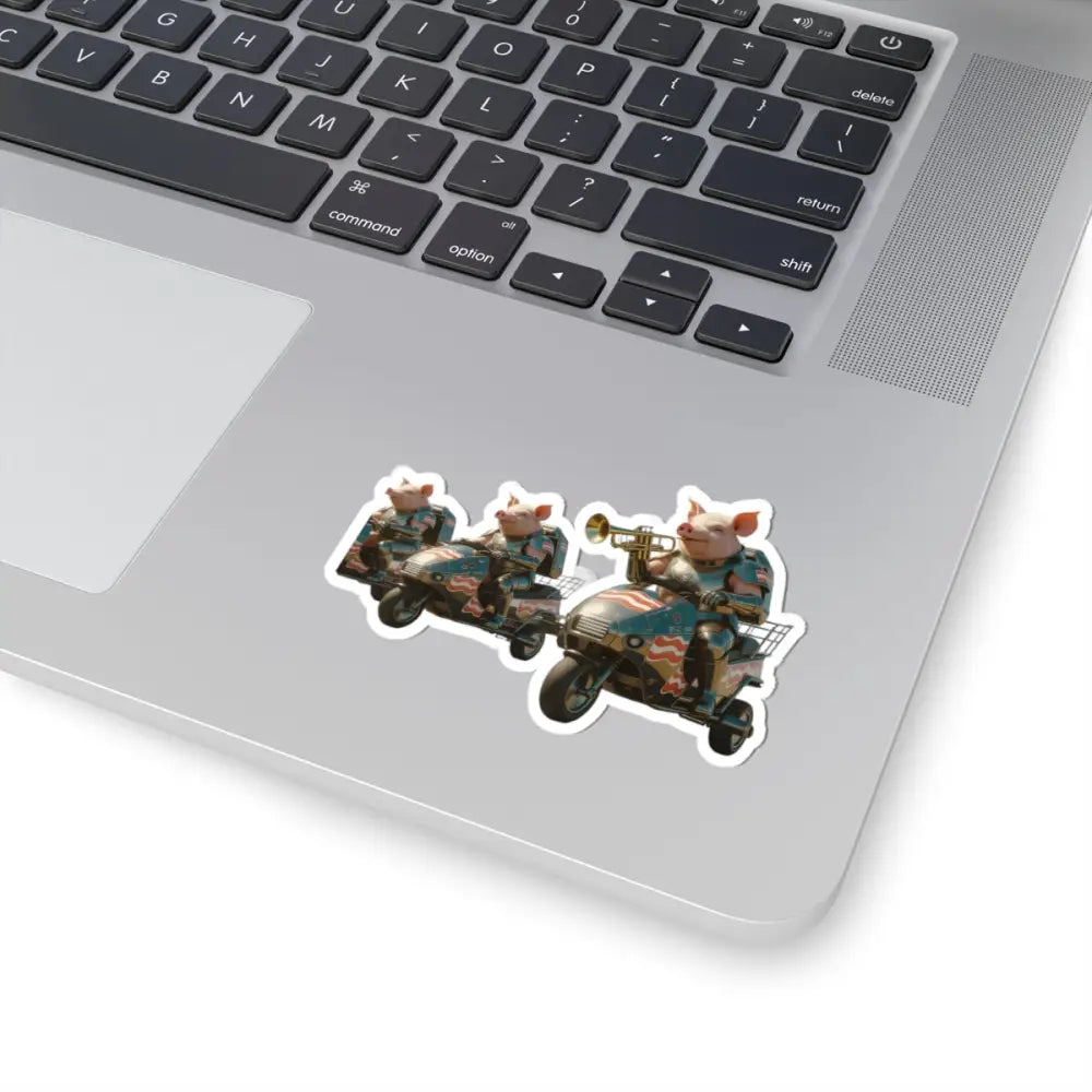 Laptop sticker with anthropomorphic pigs riding motorcycles from Bacon Battalion tactical decal