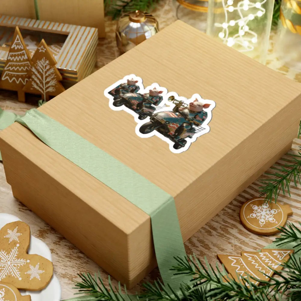 Wrapped gift box with Bacon Battalion Tactical Pig Sticker from PixiOnyx Military Animal Decal