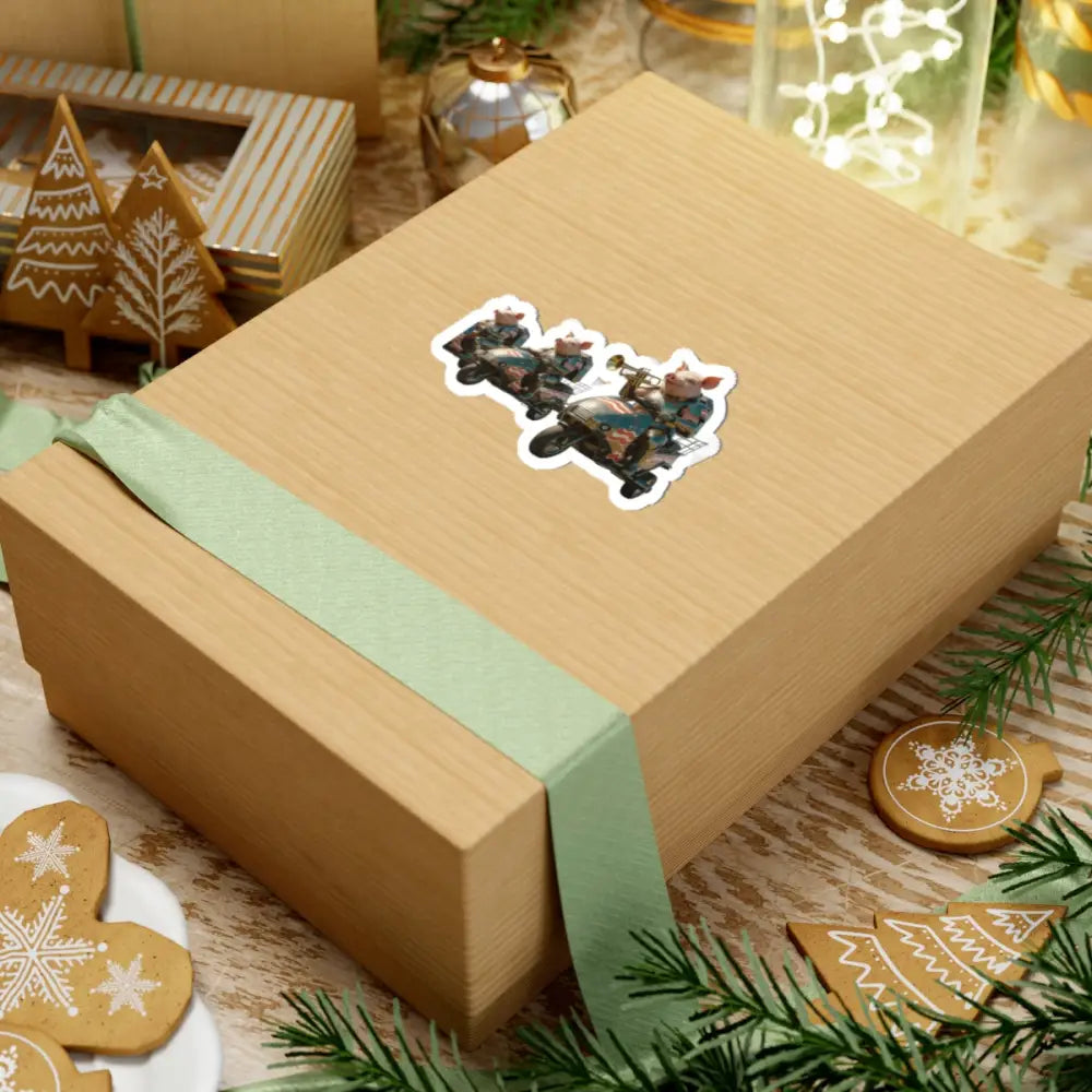 Wrapped gift box featuring Bacon Battalion Tactical Pig Sticker from PixiOnyx Military Animal Decal