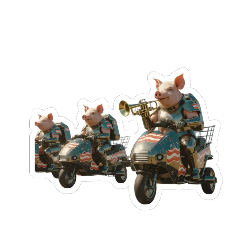 Three armored pigs riding patriotic scooters on Bacon Battalion tactical pig sticker