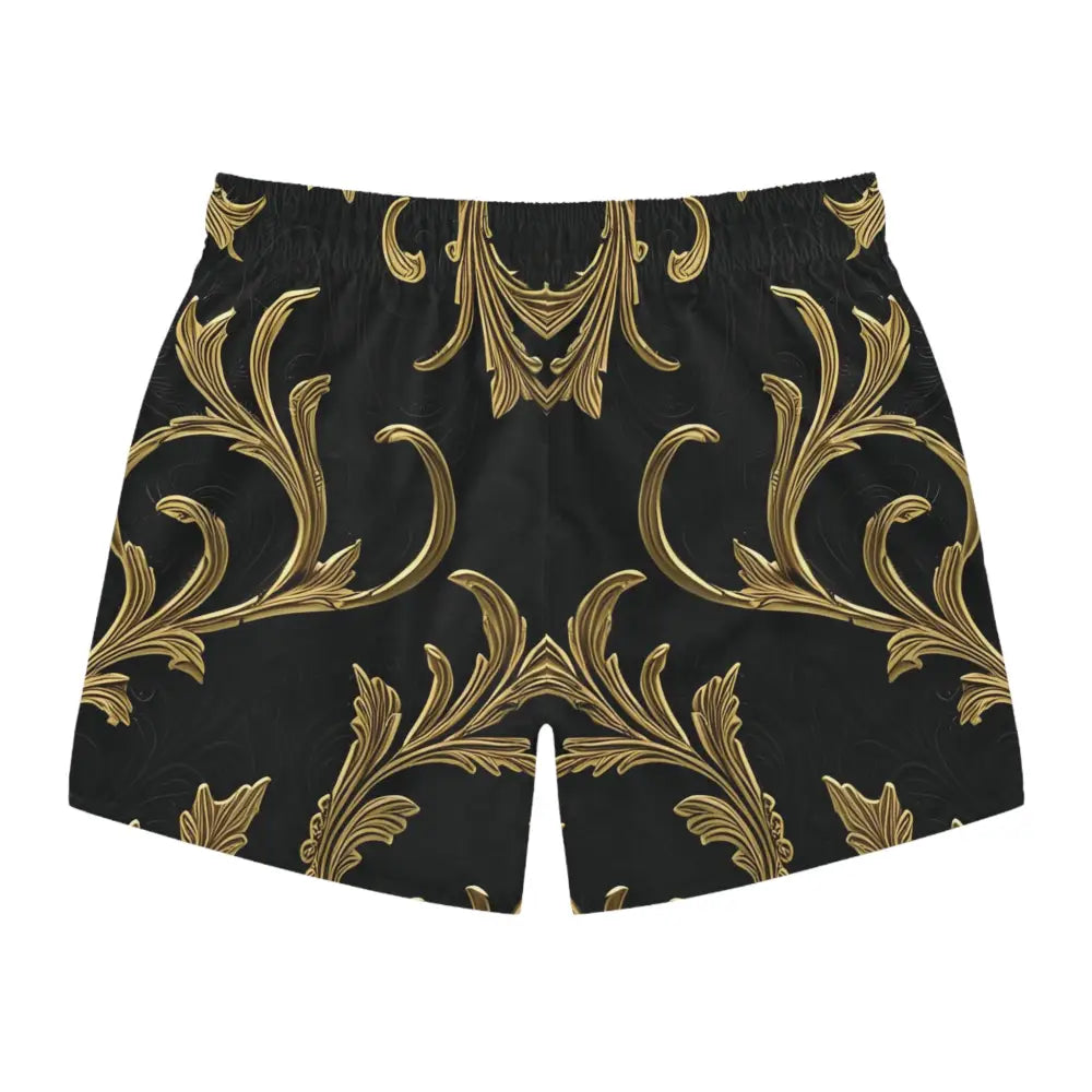 Black and gold patterned swim trunks with luxurious baroque flourish design