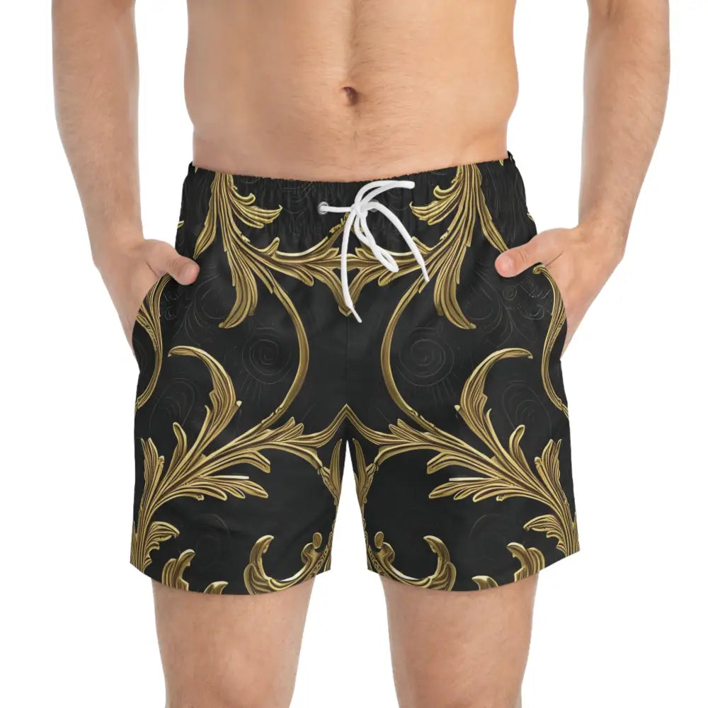 Men’s black and gold patterned swim trunks from Baroque Gold Flourish collection