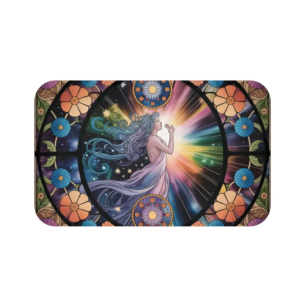 Rectangular stained-glass-style bath mat featuring a celestial woman design for Bohemian Spa decor