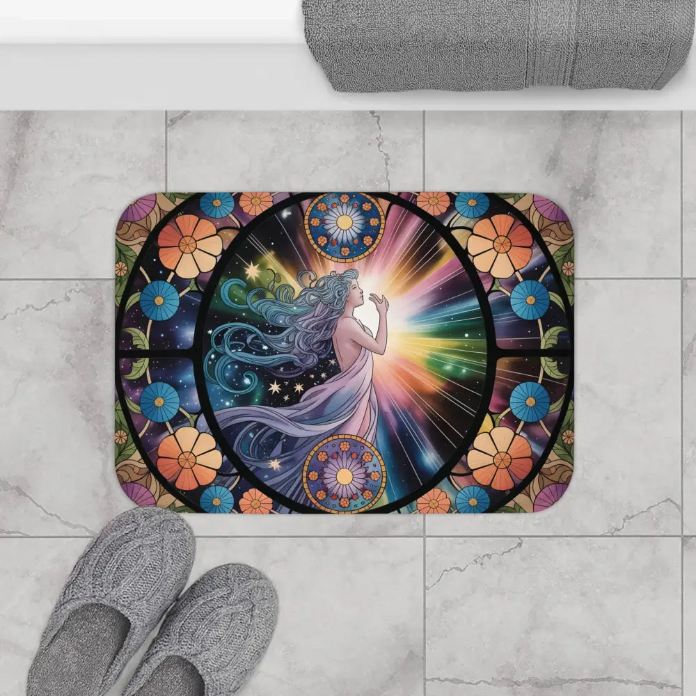 Artistic bath mat with celestial bloom design for Bohemian Spa decor at PixiOnyx
