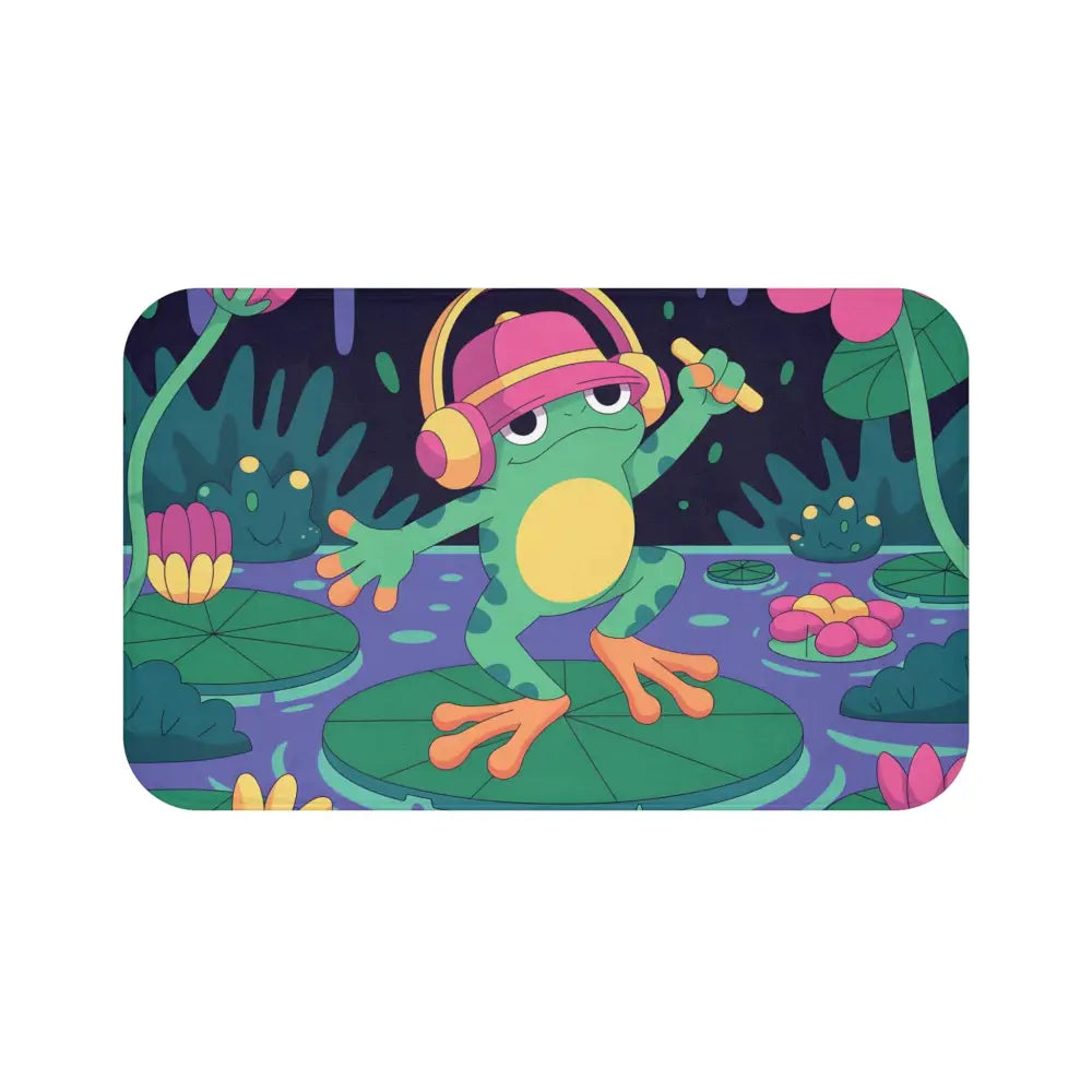 Cartoon frog with headphones and hat on Bath Mat Funky Frog Groove PixiOnyx Amphibian Vibe Decor