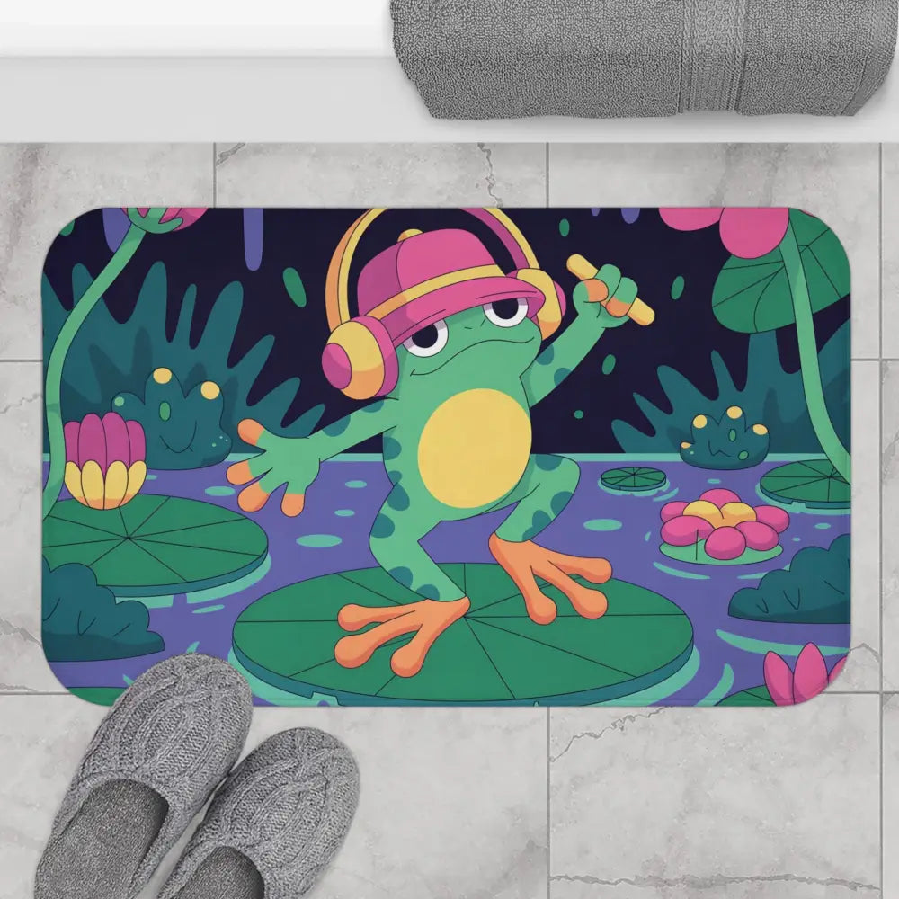 Frog-themed bath mat from PixiOnyx Amphibian Vibe Decor with funky frog design
