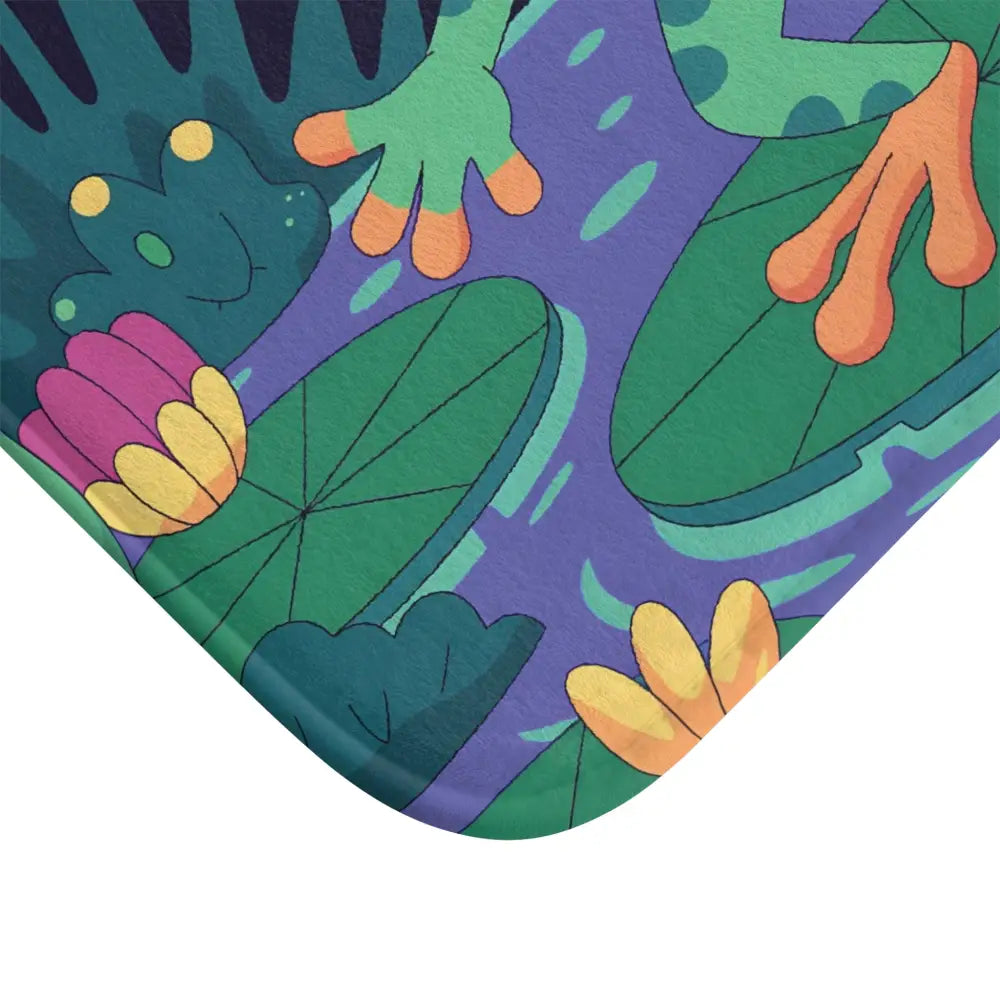 Frog-themed bath mat with funky frog groove design from PixiOnyx Amphibian Vibe Decor