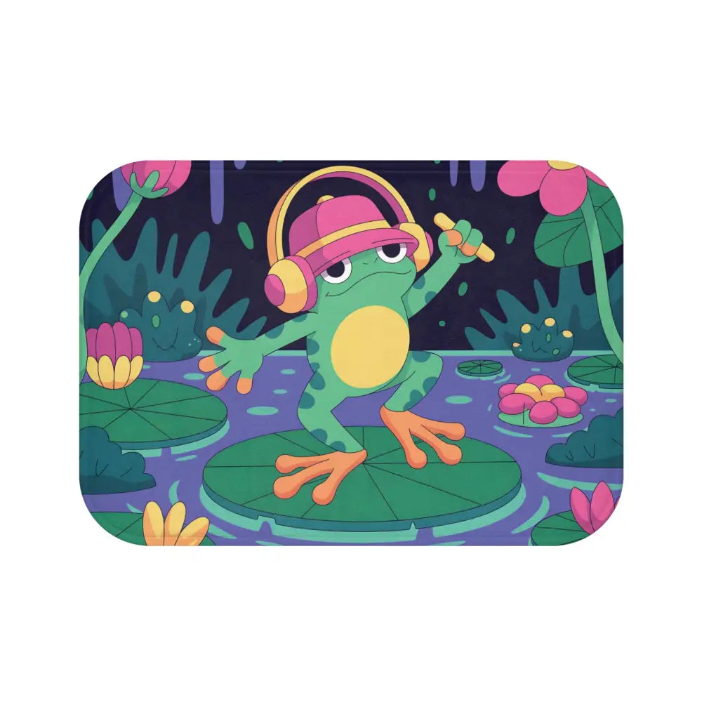 Cartoon frog DJ on lily pad bath mat featuring funky frog groove design