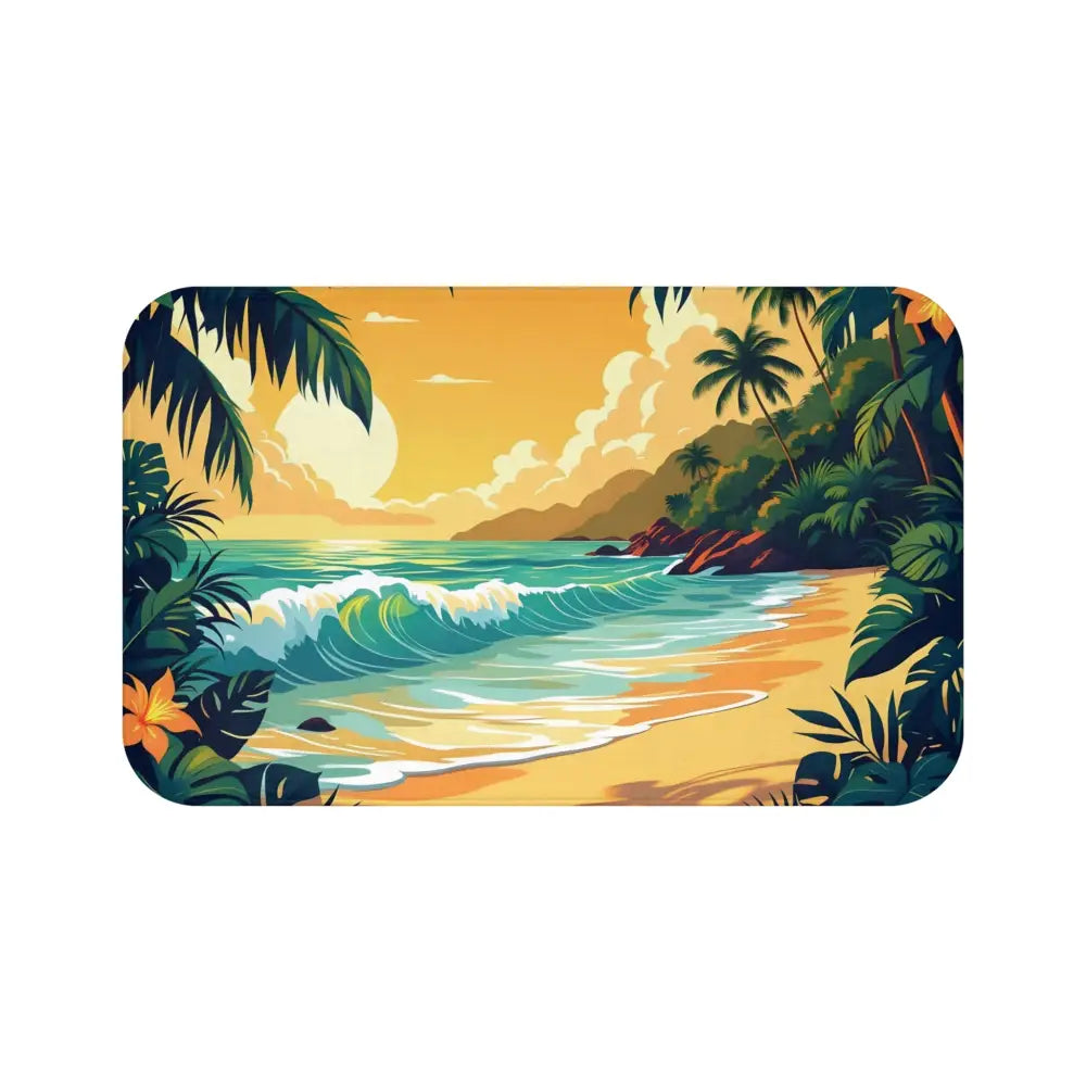 Tropical beach scene bath mat with vibrant ocean and palm tree design for coastal comfort