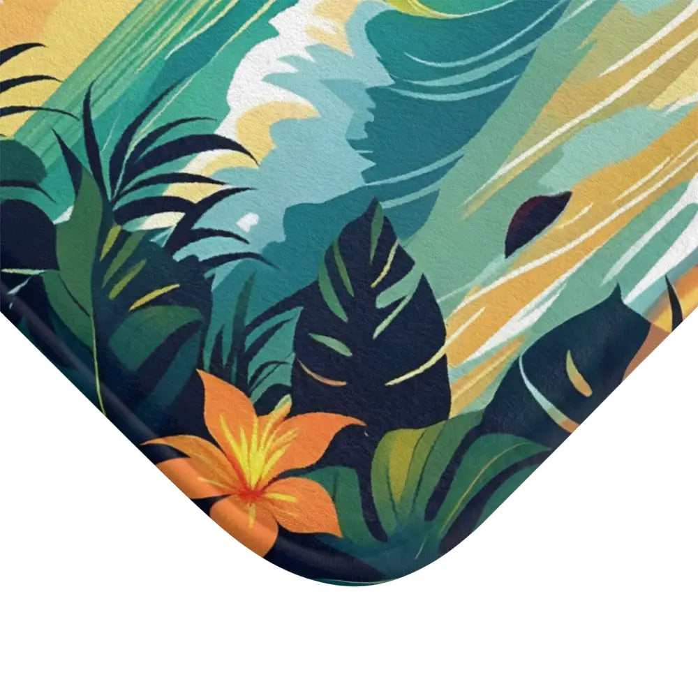 Tropical-themed bath mat with beach horizon design from PixiOnyx Coastal Comfort